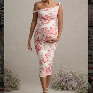 Chic Pink Floral Off-Shoulder Maternity Midi Skirt